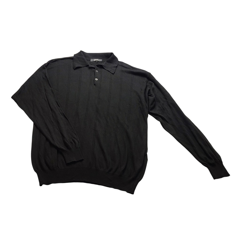 Fiii Men's Large Black Cotton Modal Knit Long Sleeve Polo Sweater‎ Made in Italy